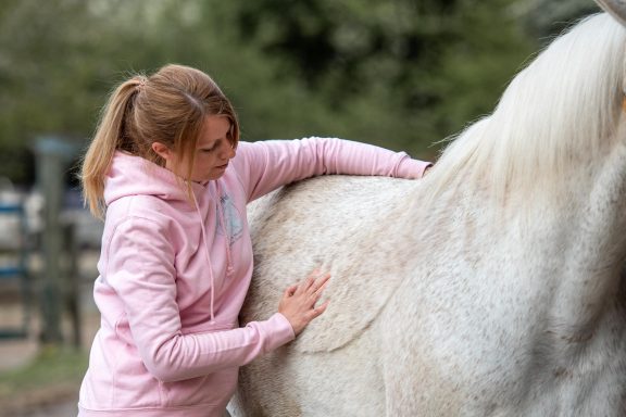 Sarah Dolfen von Tierisch Quietschfidel bei der Pferdephysiotherapie (Rippen Mobilisation)