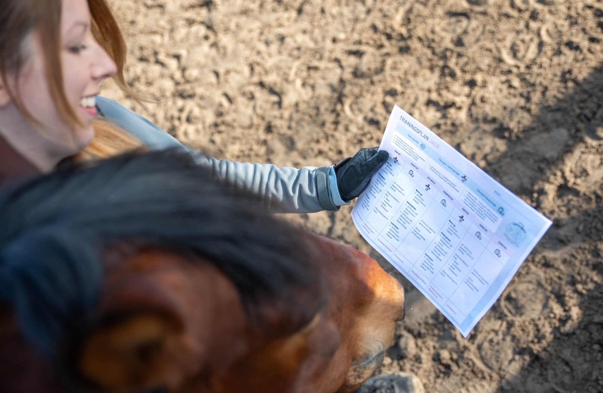 Sarah Dolfen von Tierisch Quietschfidel schaut mit einem Pferd zusammen auf den Trainingsplan